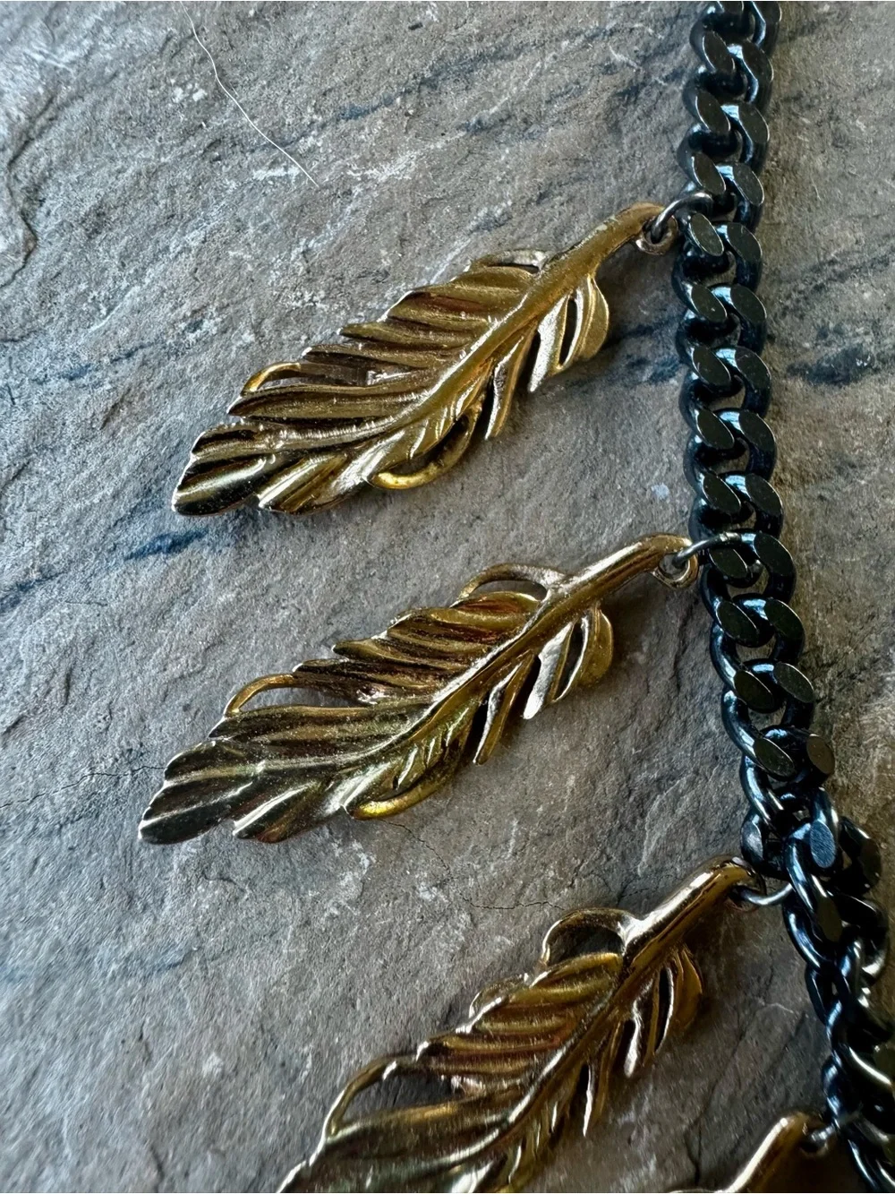 Stella & Dot Black Chain Necklace with Gold Feather Pendants